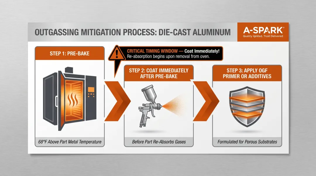 Three-step outgassing prevention process for die-cast aluminum powder coating