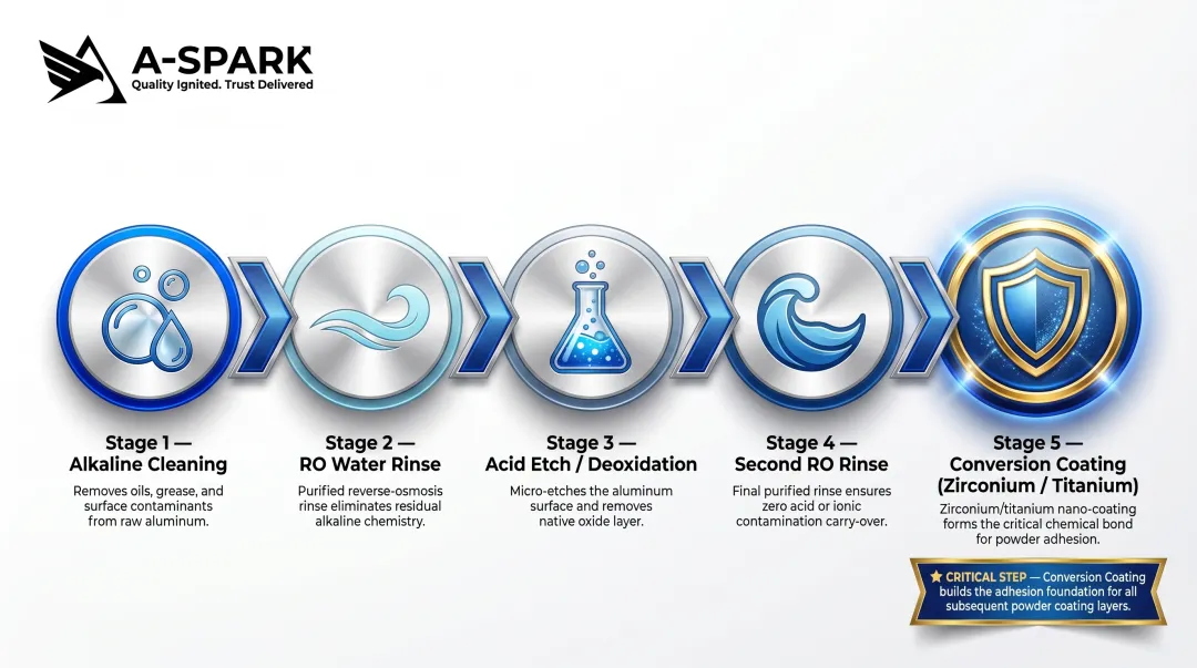 5-stage aluminum chemical pretreatment sequence process flow infographic