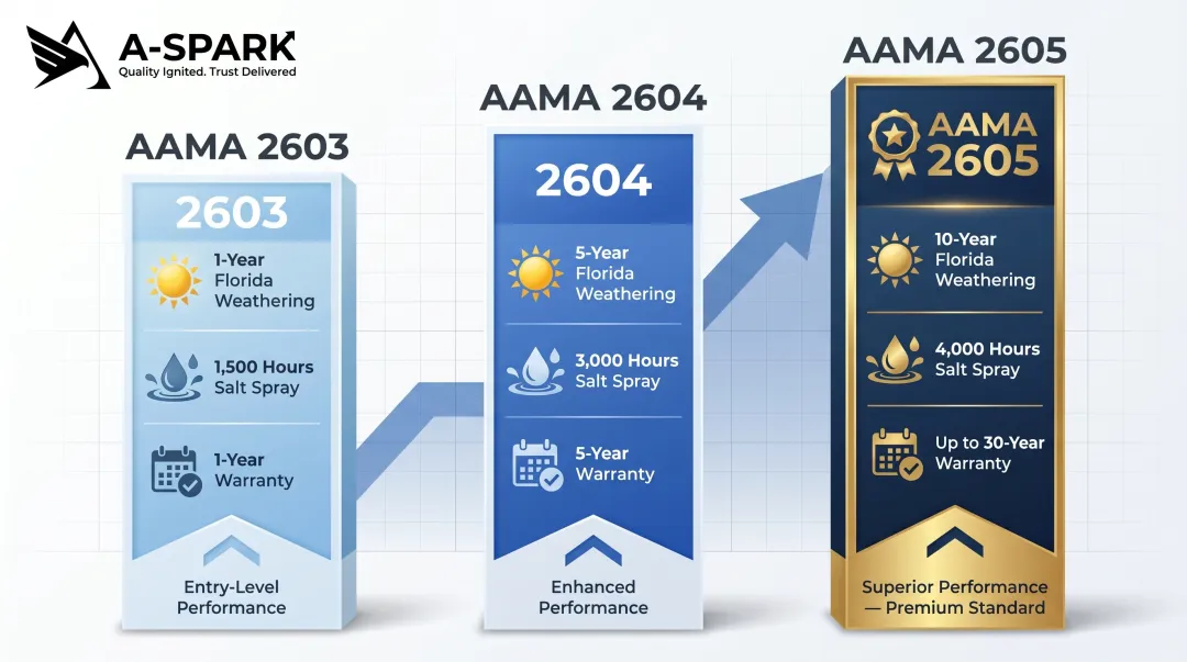 AAMA 2603 2604 2605 architectural aluminum coating standards comparison infographic