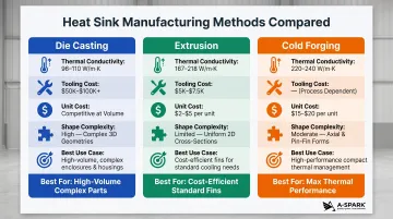 Die casting versus extrusion versus cold forging heat sink comparison infographic