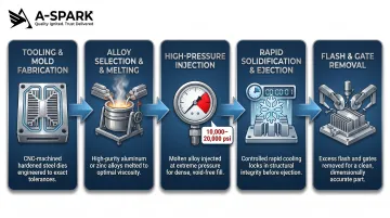 5-step die casting manufacturing process flow from tooling to gate removal