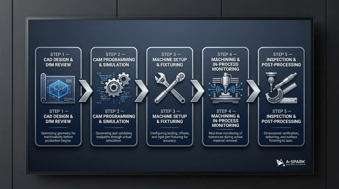 5-step CNC precision machining process from CAD design to final inspection