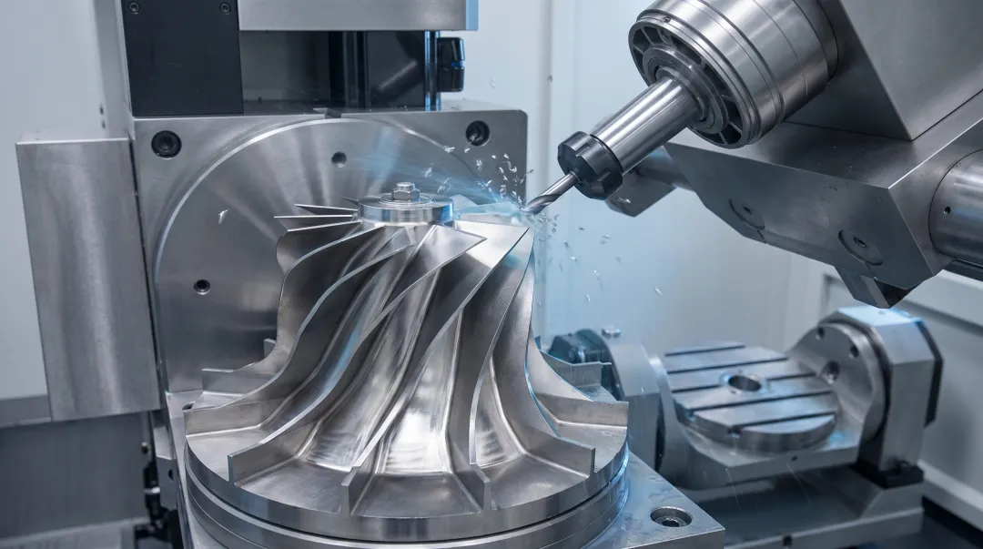 5-axis CNC milling machine producing complex aerospace or medical precision component
