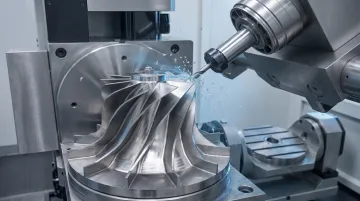 5-axis CNC milling machine producing complex aerospace or medical precision component