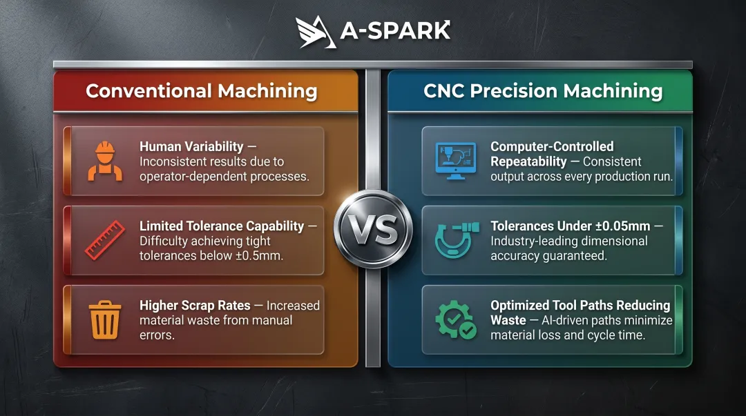 CNC precision machining versus conventional machining benefits comparison side-by-side infographic