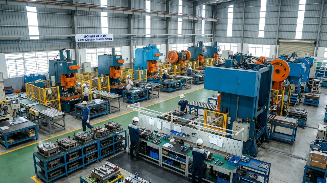 A-SPARK Manufacturing stamping facility showing progressive die press equipment and production floor
