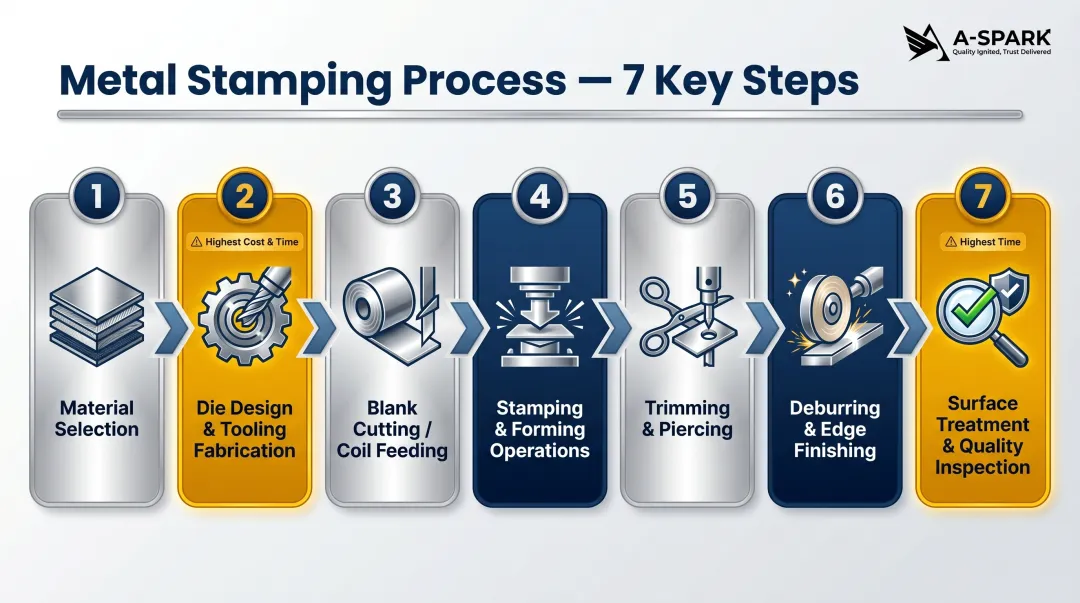 7-step aluminum sheet metal stamping process flow from material selection to inspection