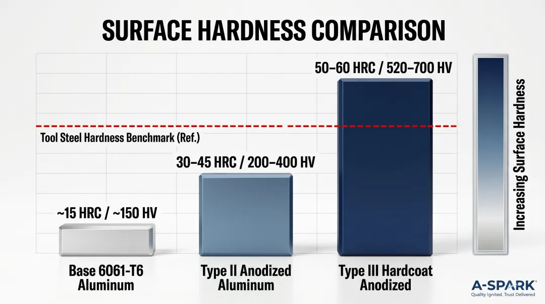 Hardness comparison chart base aluminum versus Type II and Type III anodized coatings
