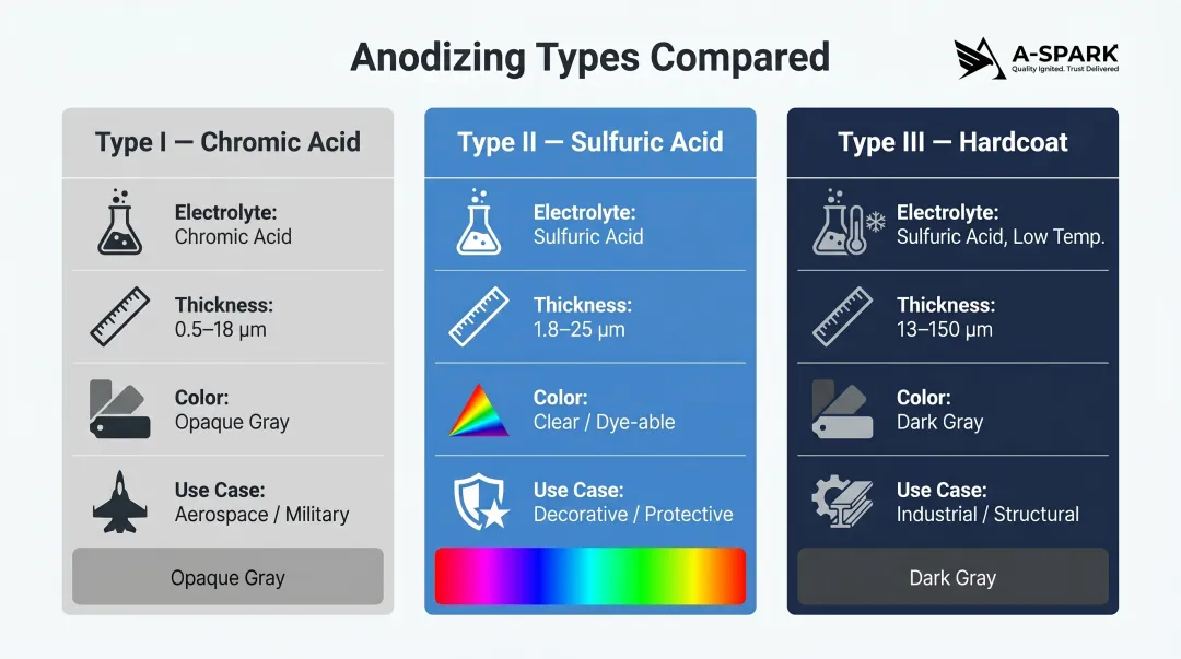Three anodizing types comparison chart Type I Type II Type III specifications and applications