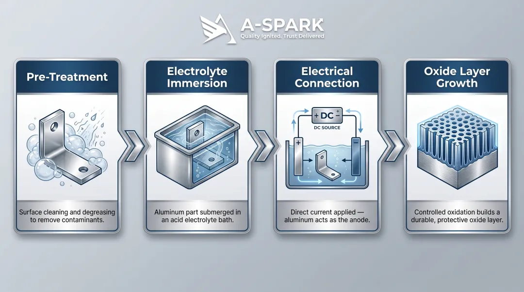 4-step aluminum anodization process flow from pre-treatment to oxide growth