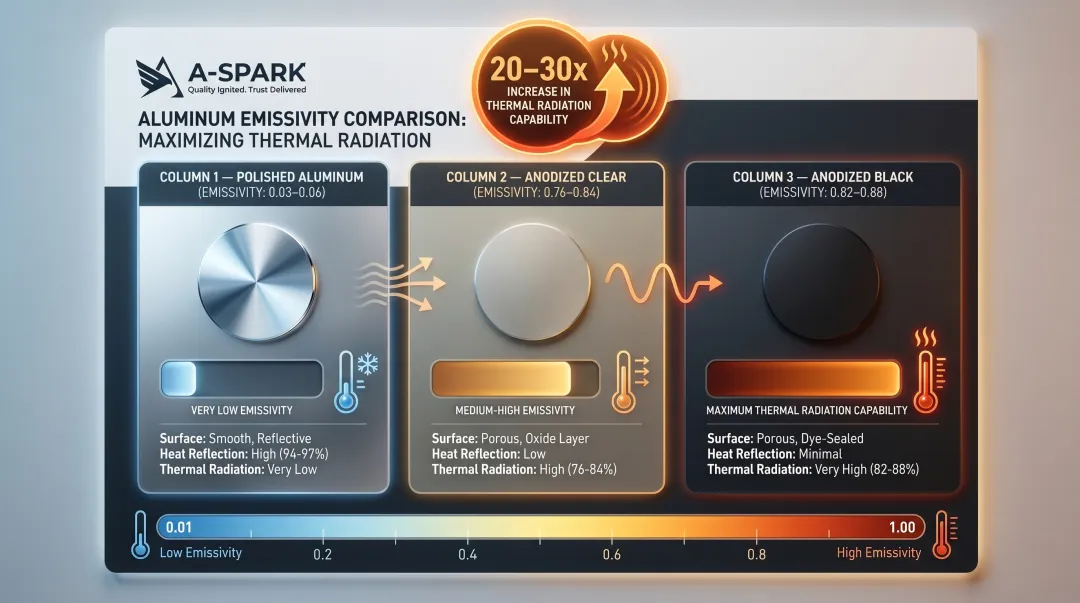 Emissivity comparison infographic polished aluminum versus clear and black anodized surfaces