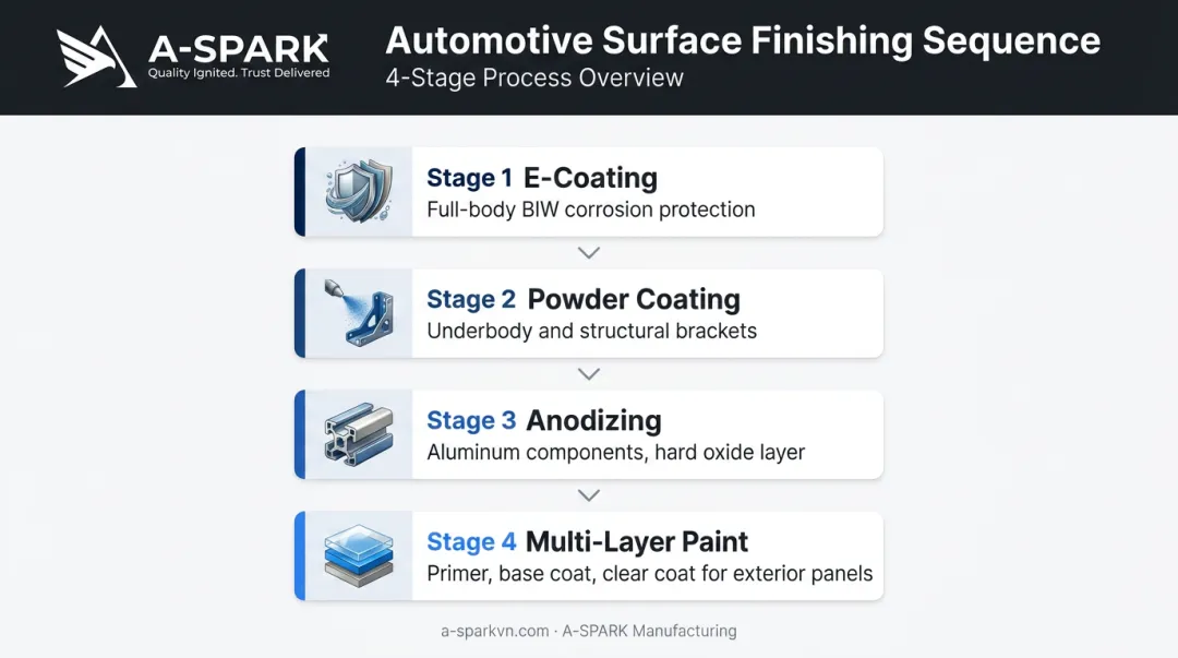 4-step automotive surface finishing sequence e-coating powder coating anodizing paint systems