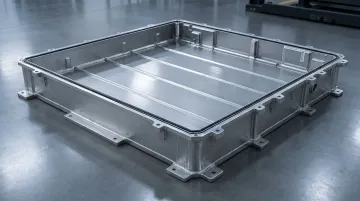 Aluminum EV battery enclosure tray showing precision welded structure and thermal management channels