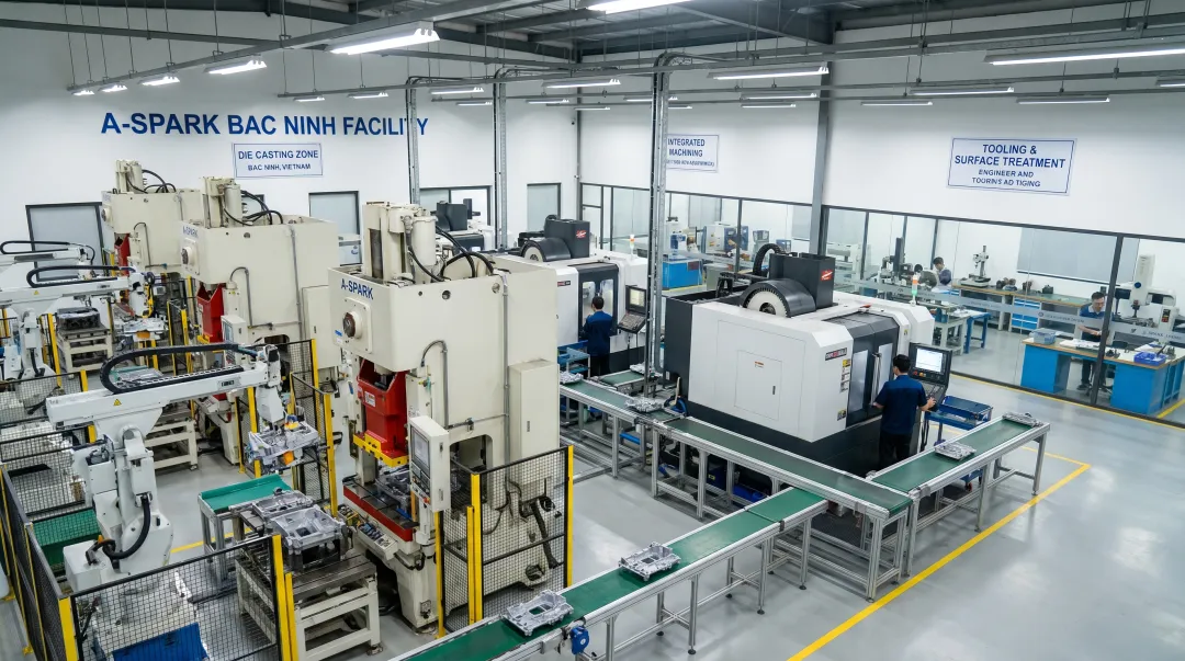 A-SPARK aluminum die casting facility showing presses tooling and CNC machining centers