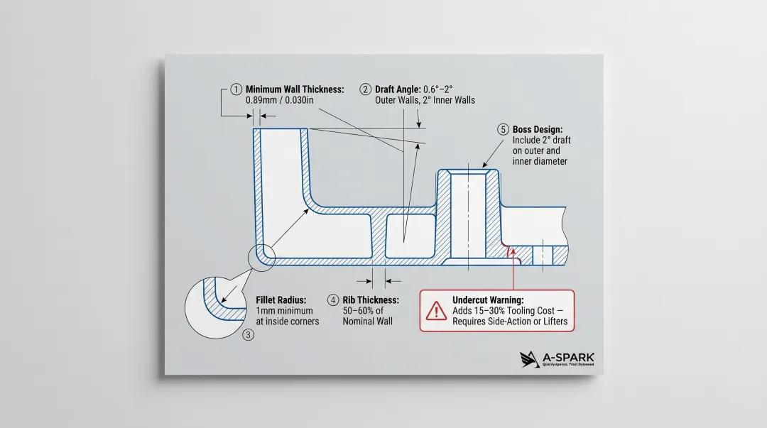 Aluminum die cast part design guidelines draft angles wall thickness and undercuts