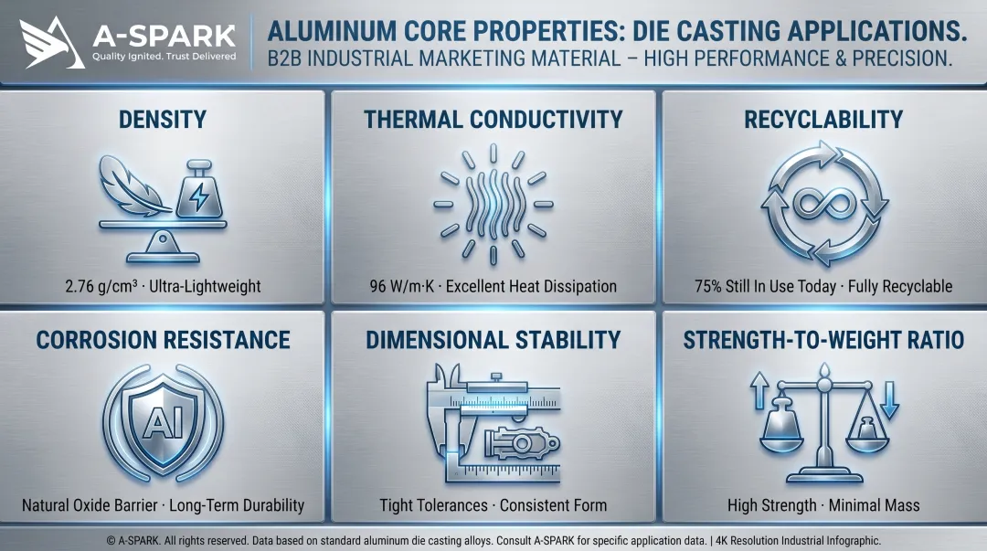 Six key aluminum die casting material properties comparison infographic