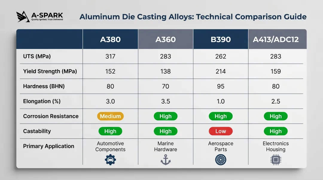 Aluminum die casting alloy comparison chart A380 A360 B390 ADC12 properties