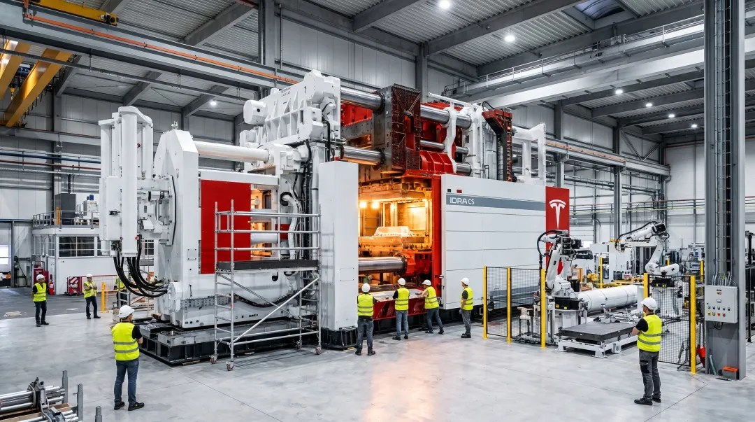 Large-scale gigacasting machine producing single-piece aluminum EV structural component