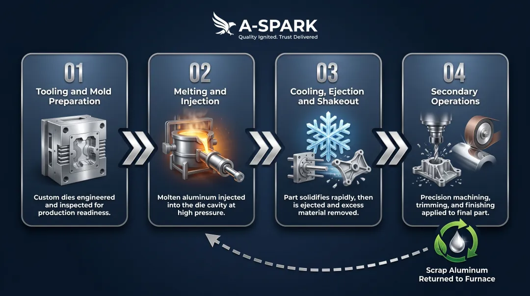 Four-step aluminum die casting production cycle process flow diagram