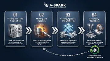 Four-step aluminum die casting production cycle process flow diagram