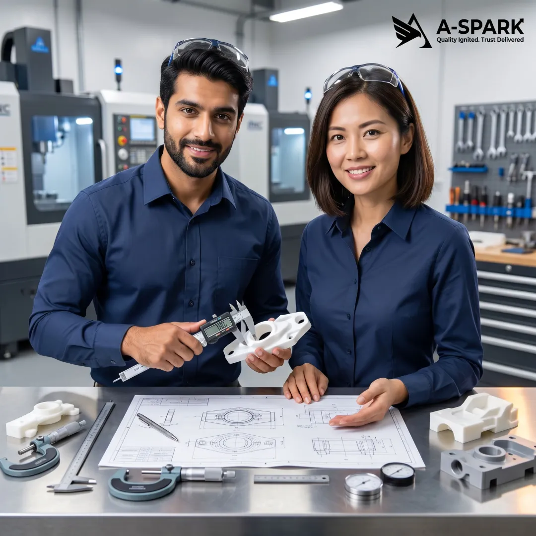 Engineers reviewing machined plastic components