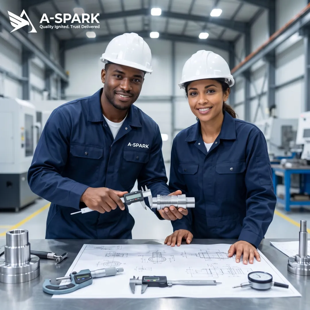 Engineers reviewing machined components and drawings