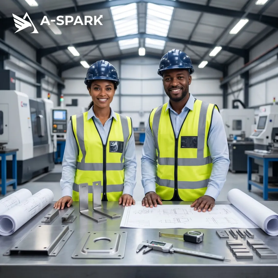 Engineers reviewing fabricated metal parts