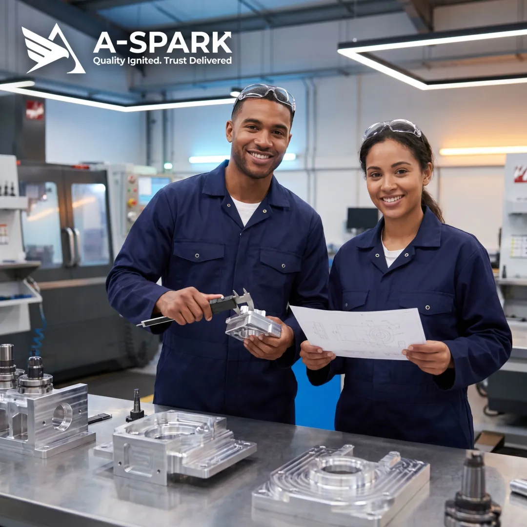 Engineers reviewing CNC machined parts