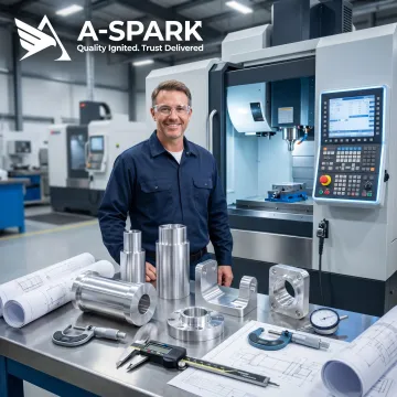 Engineer reviewing machined metal parts