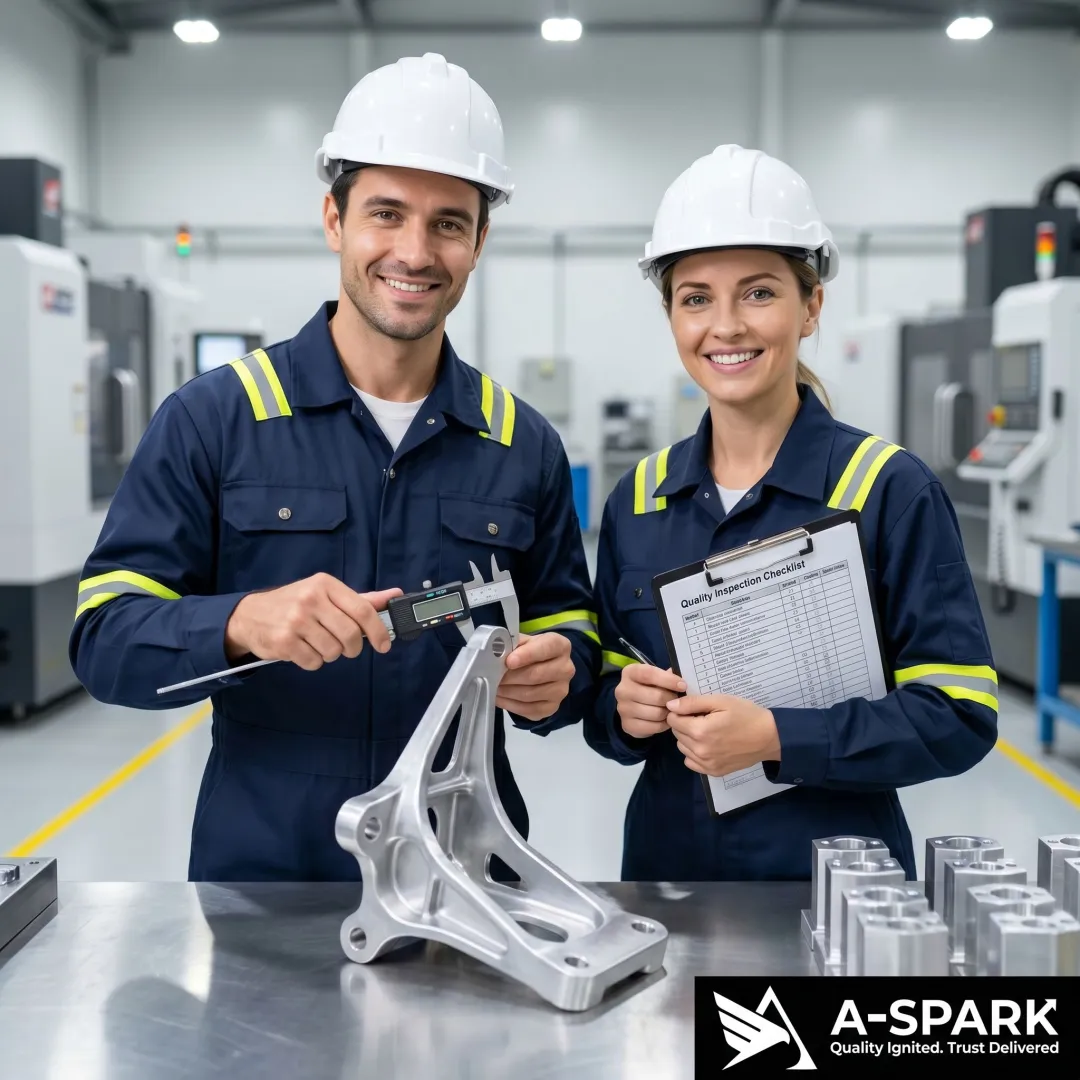 Engineers inspecting aluminum die cast bracket