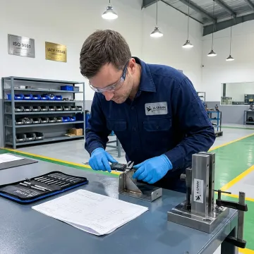 Engineer inspecting welded sheet metal parts