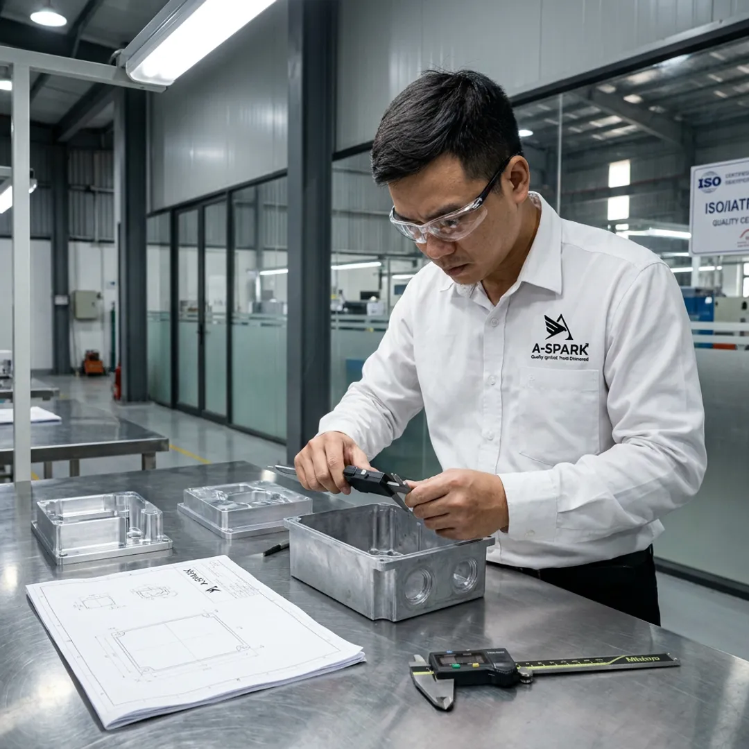 Engineer inspecting die cast electrical enclosure