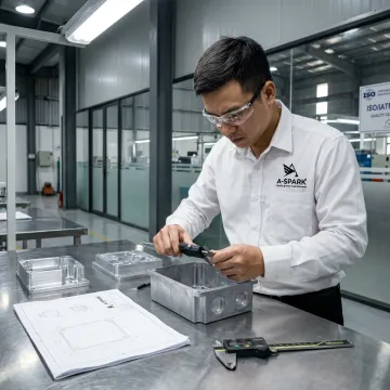 Engineer inspecting die cast electrical enclosure