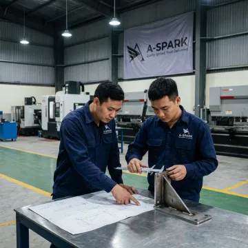 Engineers reviewing fabricated metal components