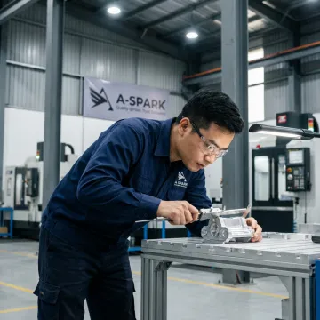 CNC machinist inspecting milled metal component