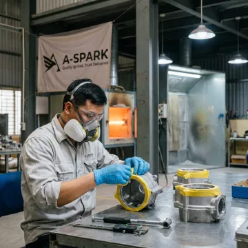 Technician preparing die cast parts for powder coating