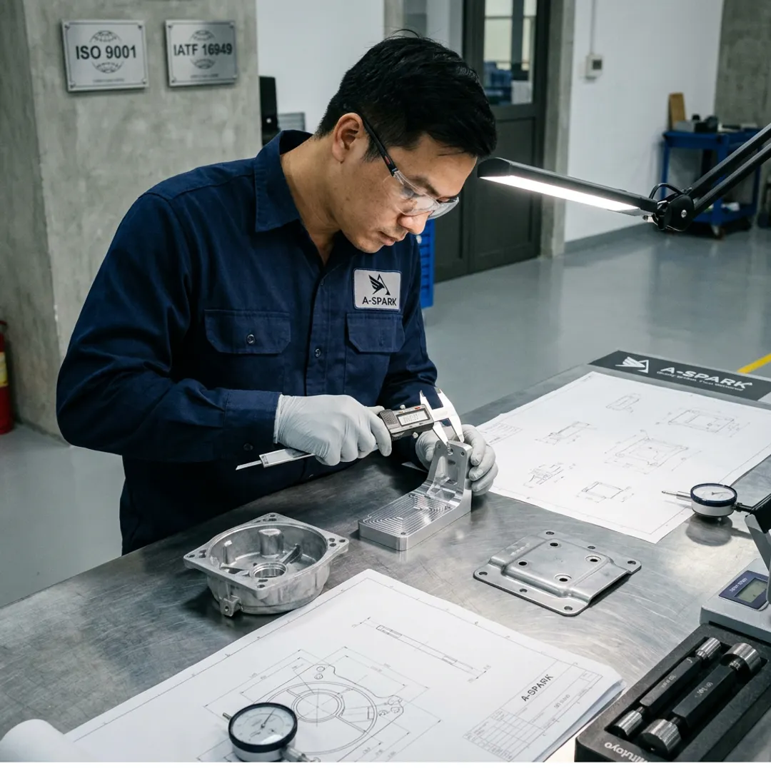 Engineer inspecting fabricated metal components