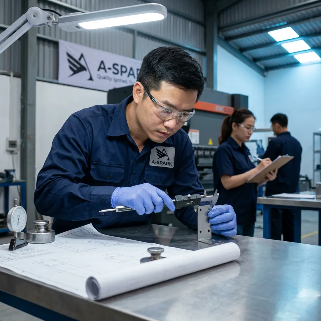 Engineer inspecting fabricated sheet metal parts
