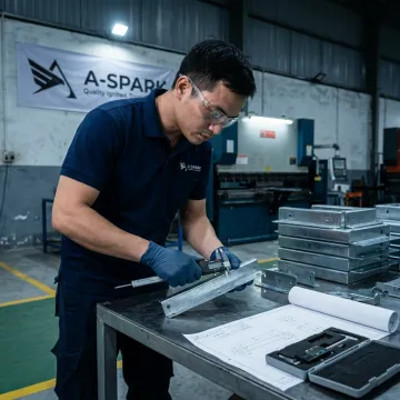 Engineer inspecting fabricated sheet metal parts