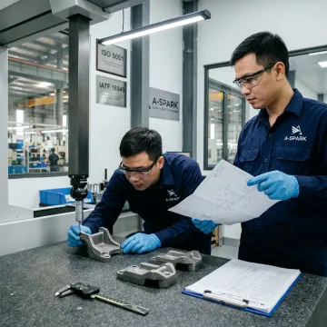 Engineers inspecting industrial cast steel parts