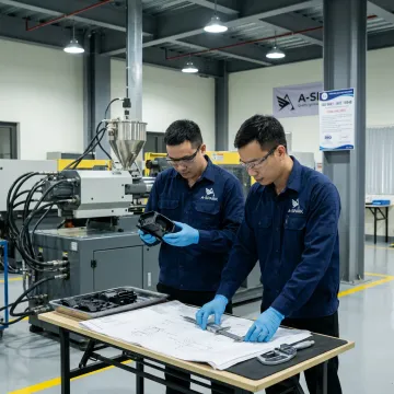Engineers reviewing injection molded parts