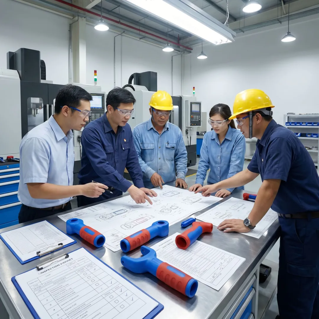 Engineers reviewing overmolded product design