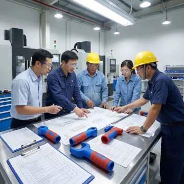 Engineers reviewing overmolded product design
