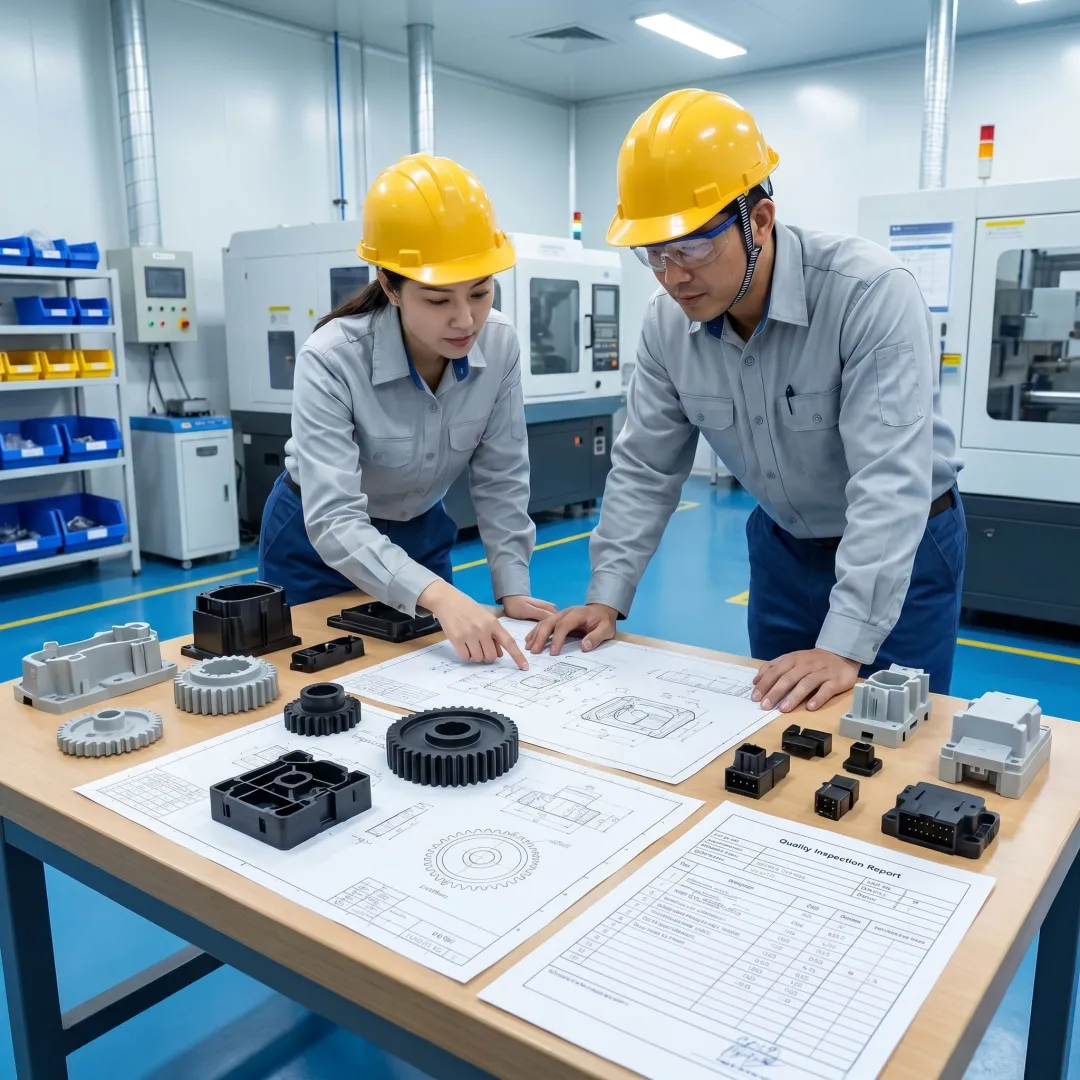 Engineers reviewing insert molded plastic components