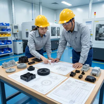 Engineers reviewing insert molded plastic components