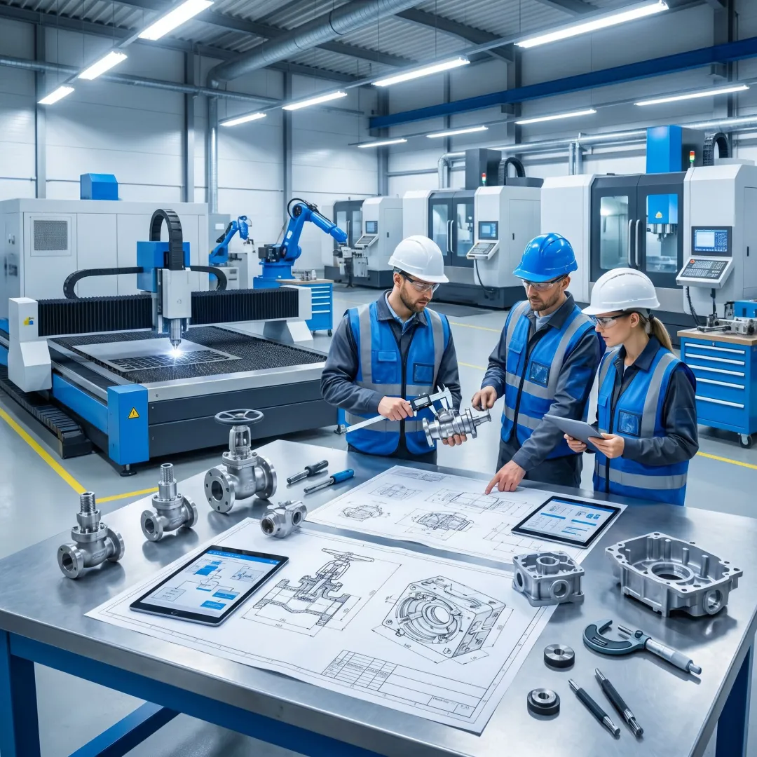 Engineers reviewing valve casting process