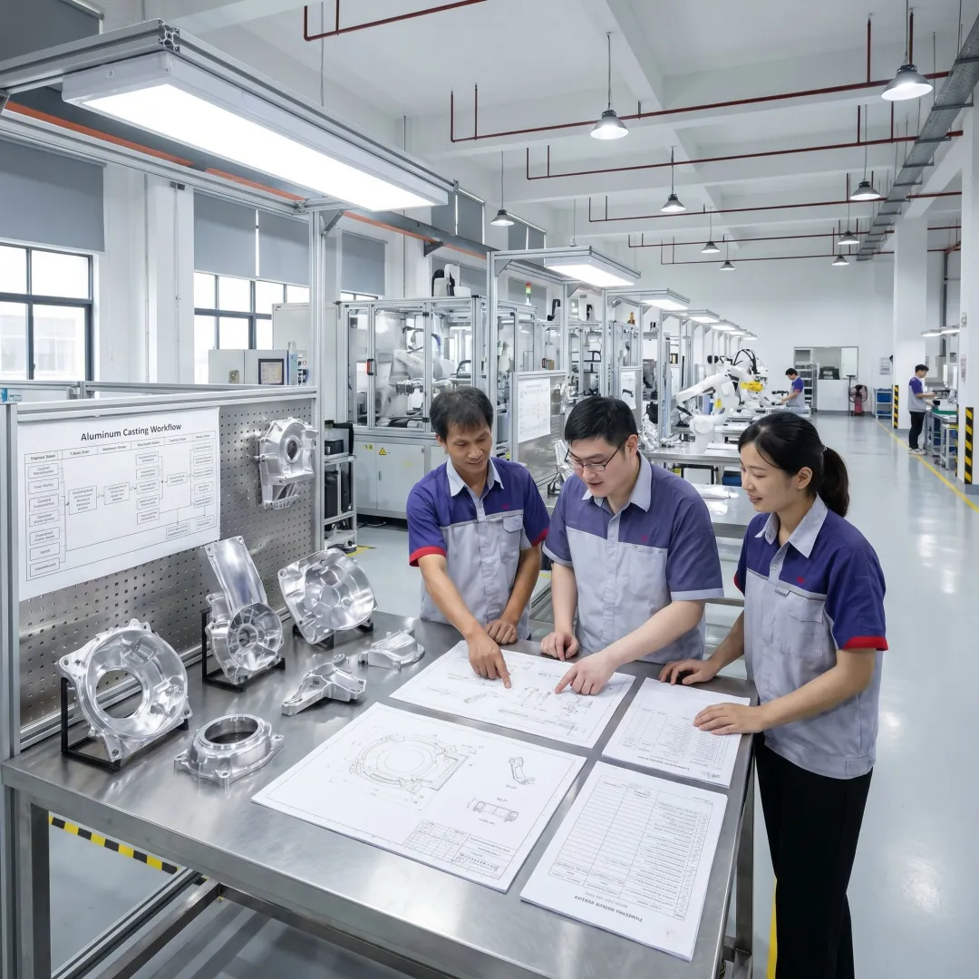 Team reviewing aluminum casting production steps