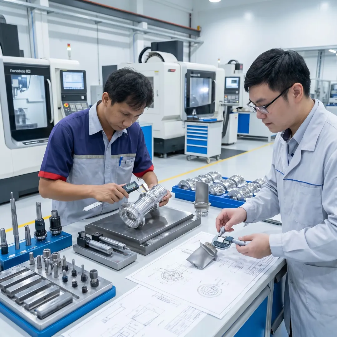 Engineers reviewing CNC machined parts