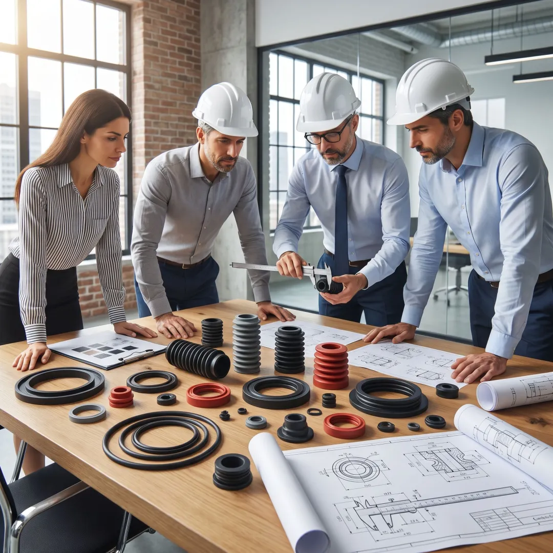 Engineers reviewing custom rubber molded parts