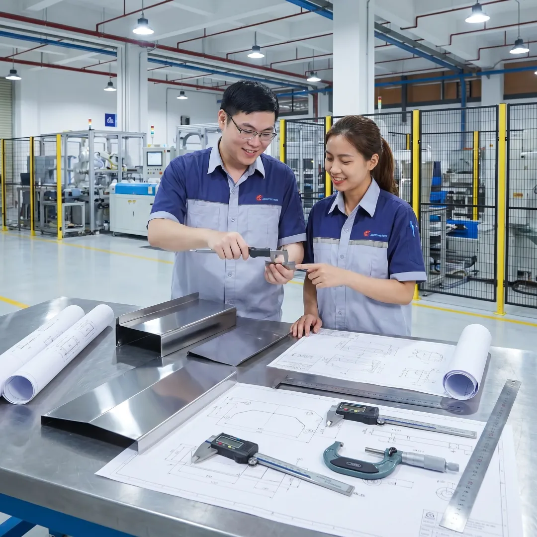 Engineers reviewing fabricated sheet metal parts